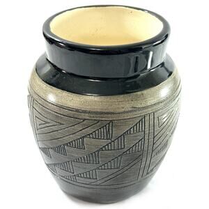Maxine Clark Navajo Etched Blackware Pottery Vase 5” Southwest Native Art